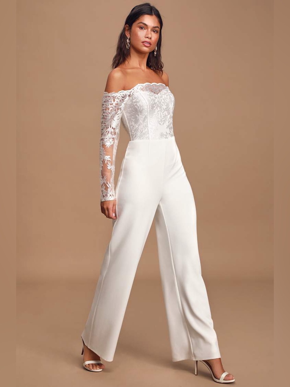Lulu's Off-Shoulder White Lace Bodice Wide-Leg Jumpsuit